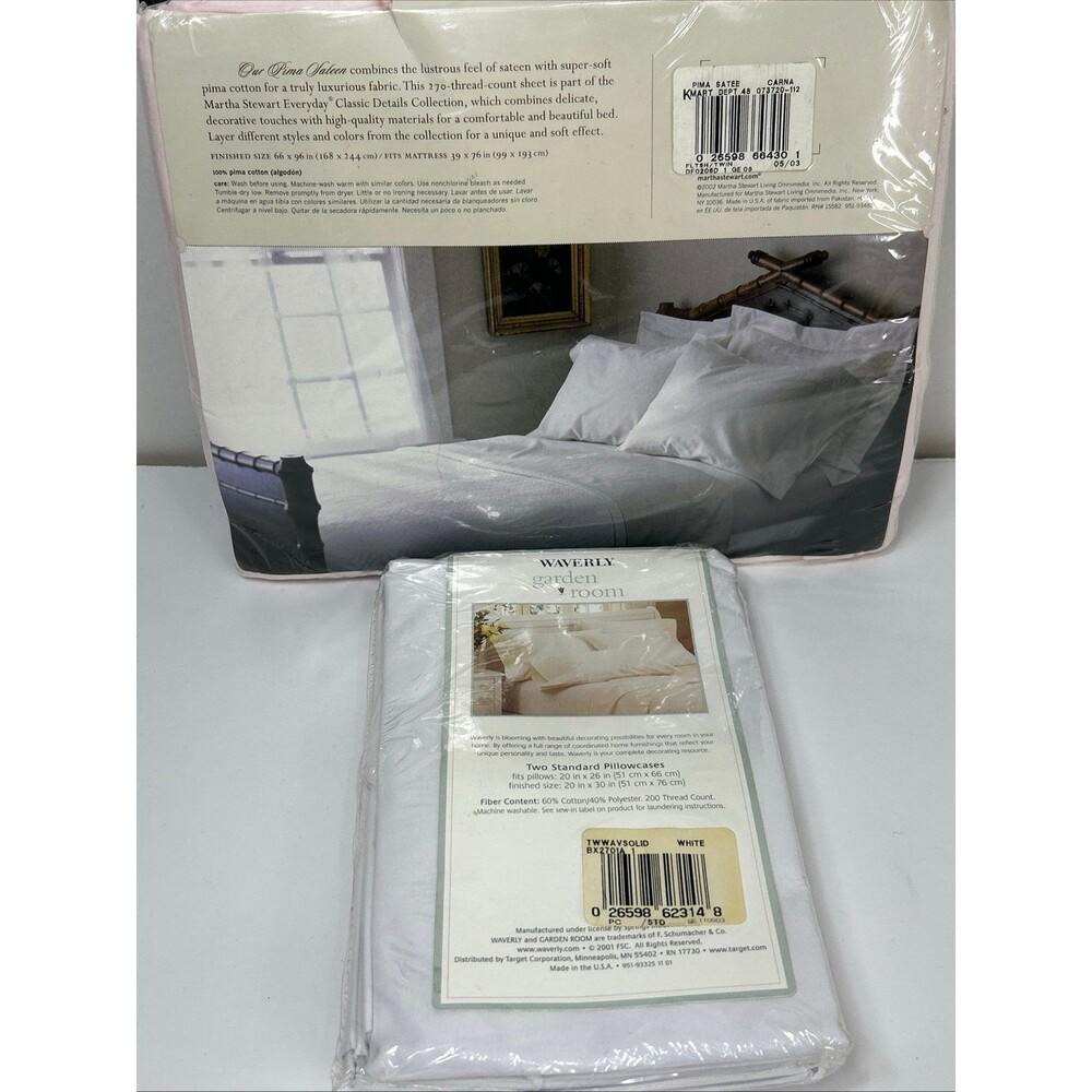 Martha Stewart Twin Flat Fitted Sheet Pillowcase lot Pink Blue White NOS - Picture 4 of 4